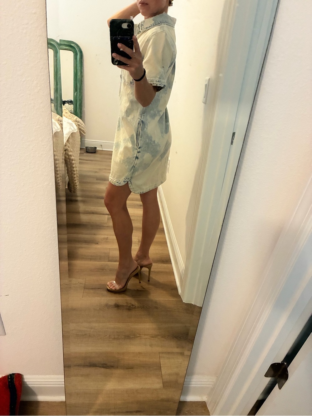 Short Tie-Dye Denim Shirt Dress in Blue and Cream